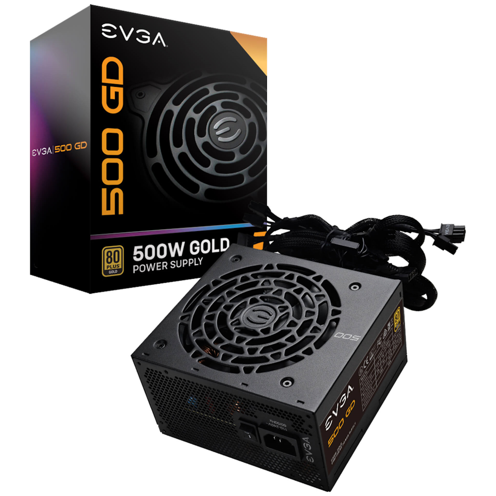 A large main feature product image of EVGA 500 GD 500W Gold ATX PSU