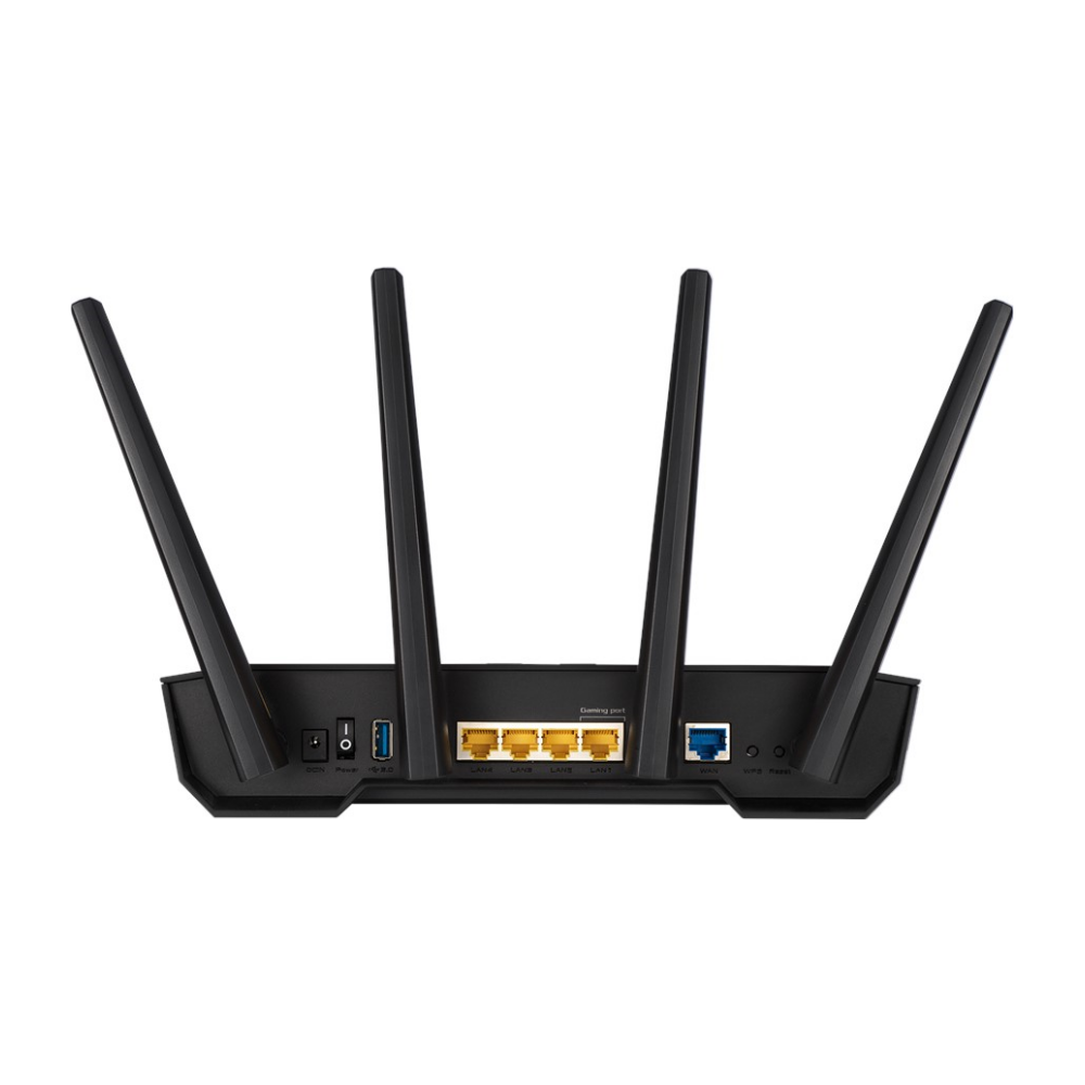 A large main feature product image of ASUS TUF Gaming AX3000 Wi-Fi 6 Dual Band Gigabit Router