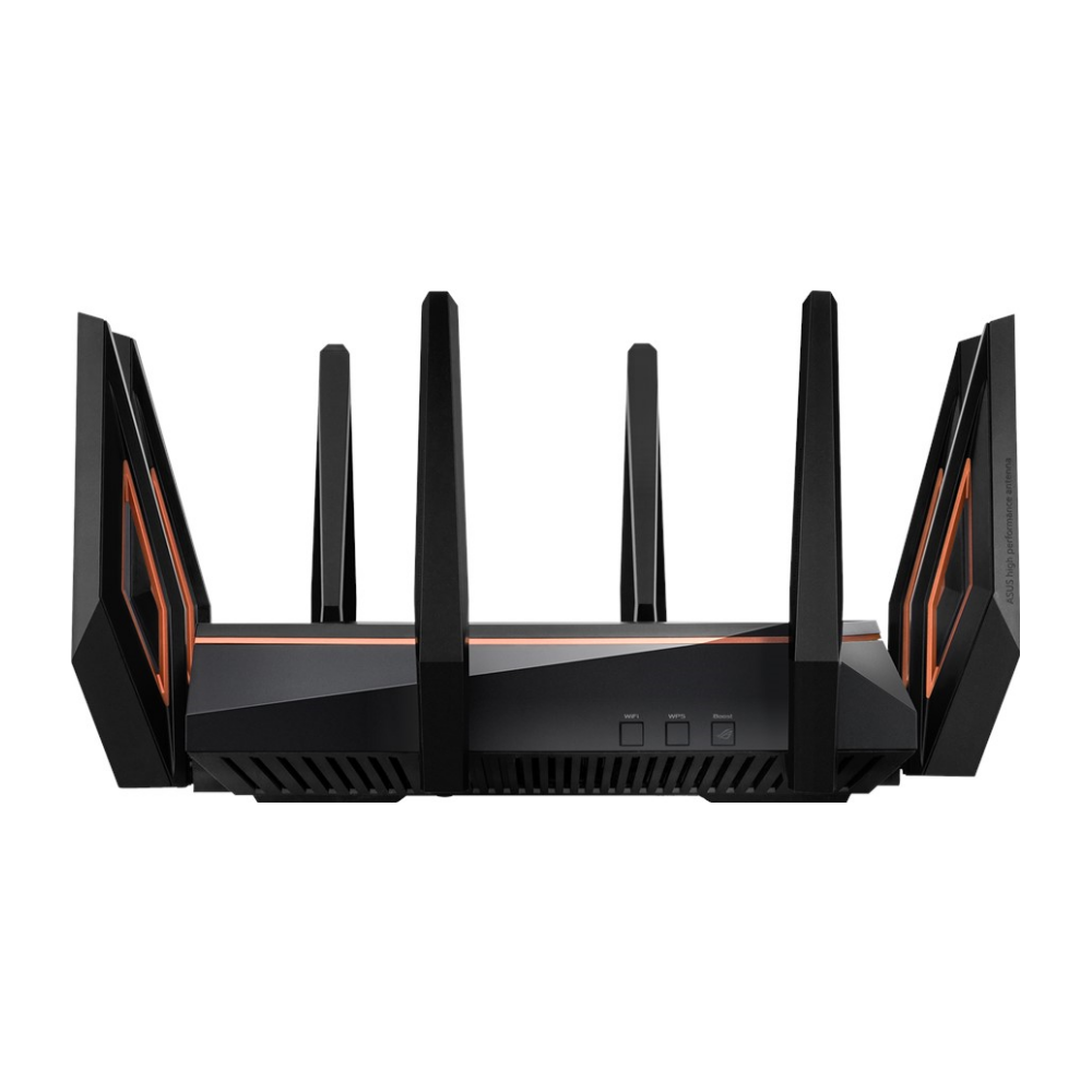 A large main feature product image of ASUS ROG Rapture GT-AX11000 802.11ax Tri-Band WiFi 6 10GigE Gaming Router