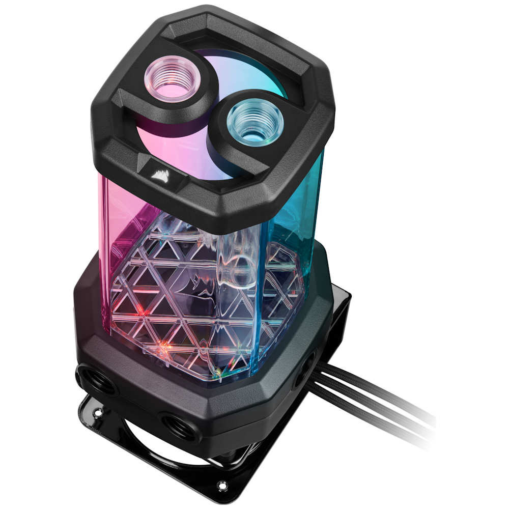 A large main feature product image of Corsair Hydro X Series XD5 RGB Pump/Reservoir Combo — Black