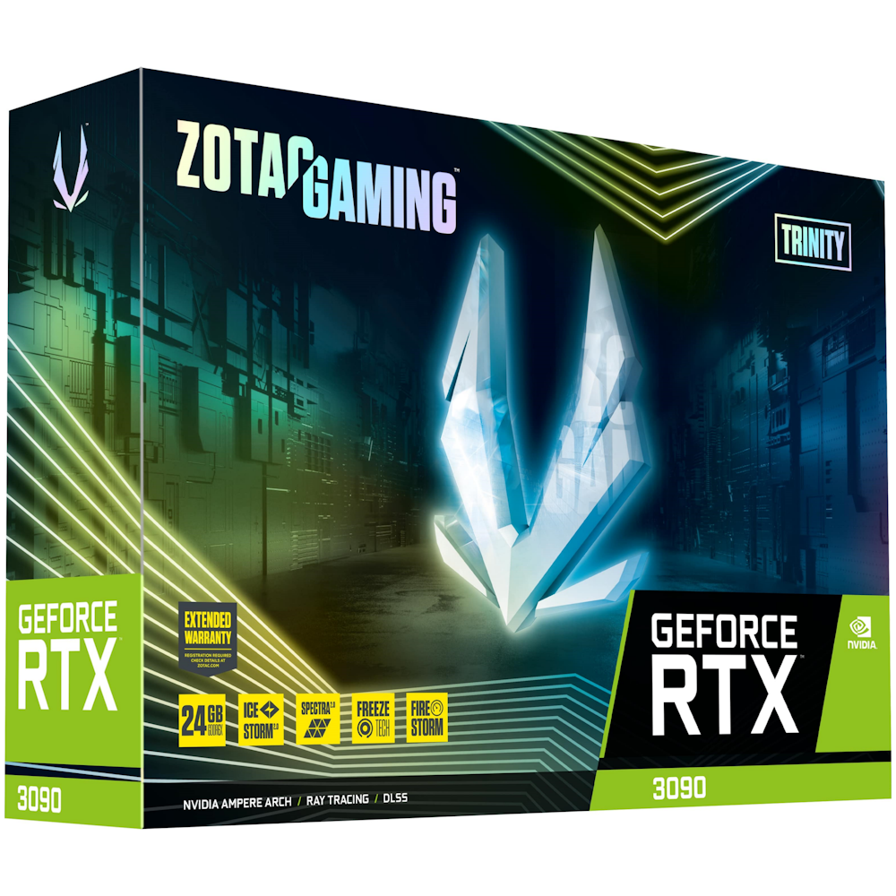 A large main feature product image of ZOTAC GAMING GeForce RTX 3090 Trinity 24GB GDDR6X