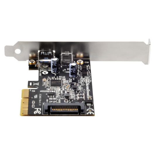 A large main feature product image of SilverStone ECU03 USB3.1 PCIe Controller Card with 1x USB Type-A and 1x USB Type-C Port