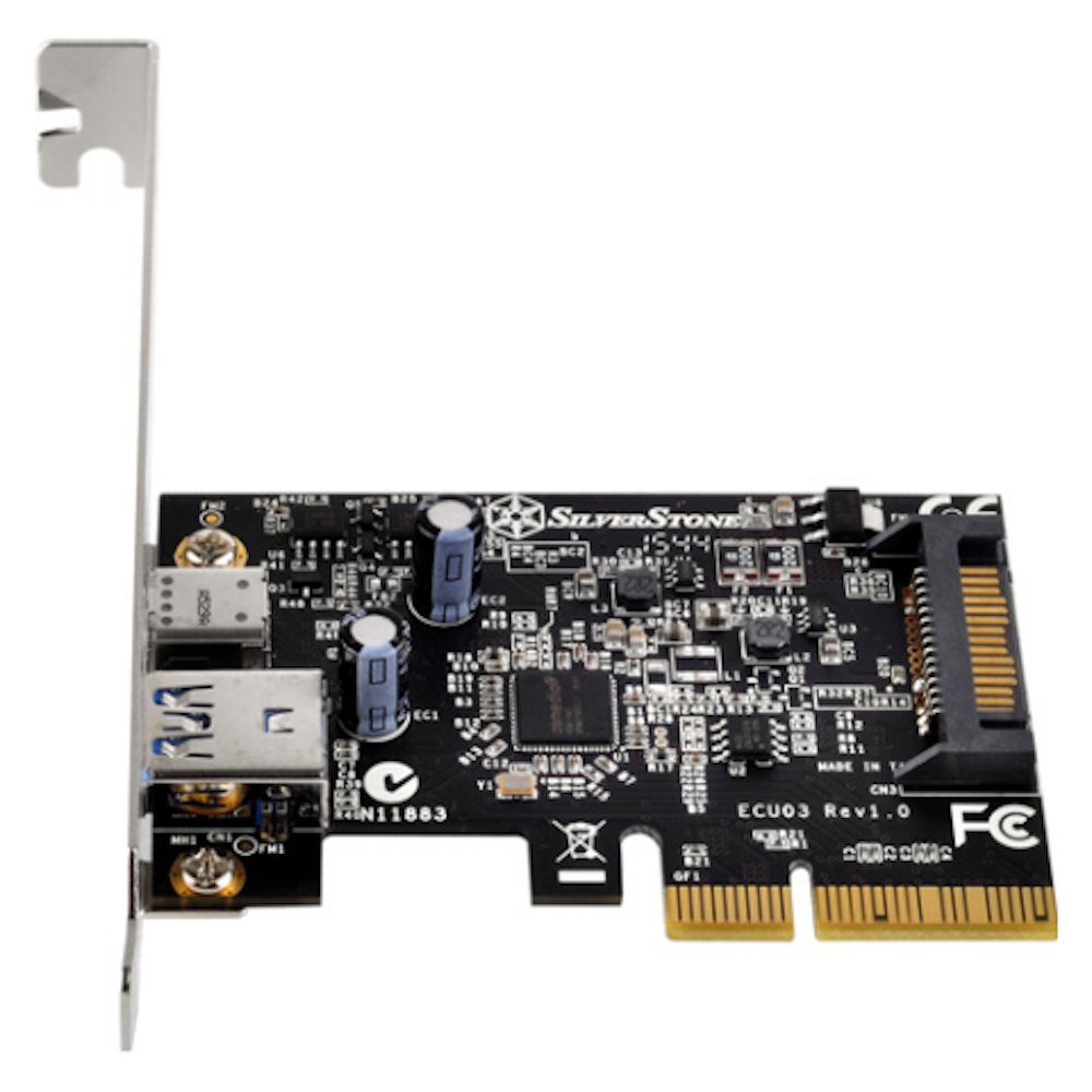 A large main feature product image of SilverStone ECU03 USB3.1 PCIe Controller Card with 1x USB Type-A and 1x USB Type-C Port