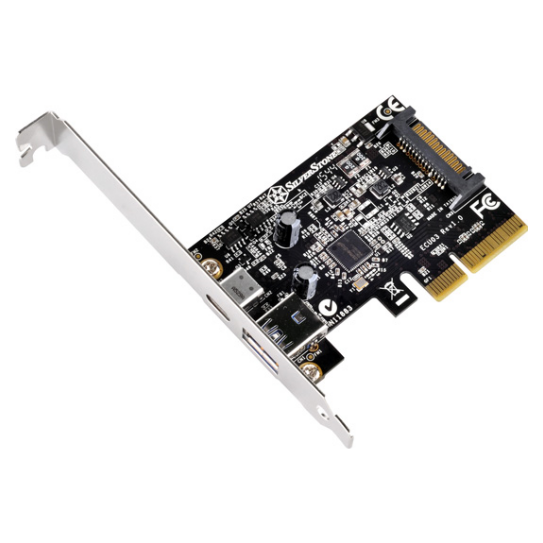 A large main feature product image of SilverStone ECU03 USB3.1 PCIe Controller Card with 1x USB Type-A and 1x USB Type-C Port