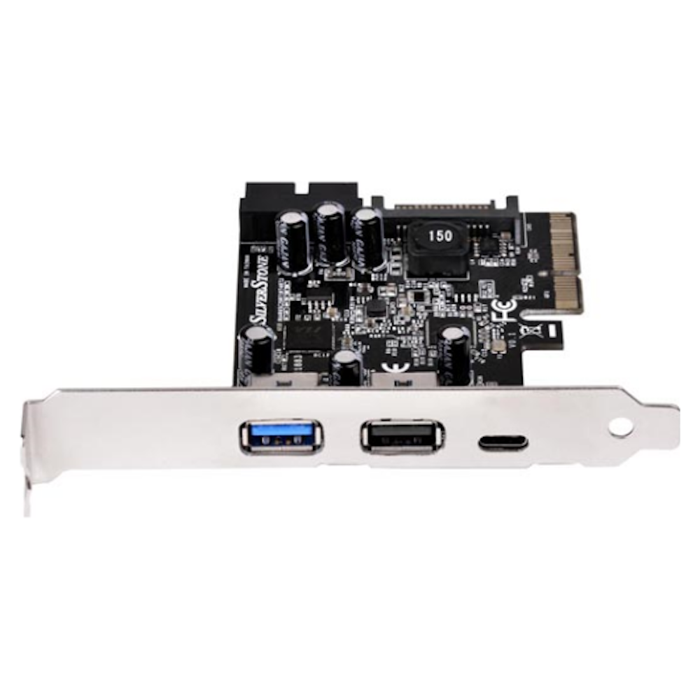 A large main feature product image of SilverStone ECU05 USB3.1 PCIe Controller Card with 2x USB Type-A and 1x USB Type-C Ports
