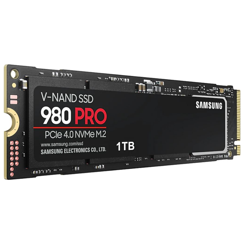 A large main feature product image of Samsung 980 Pro PCIe Gen4 NVMe M.2 SSD - 1TB