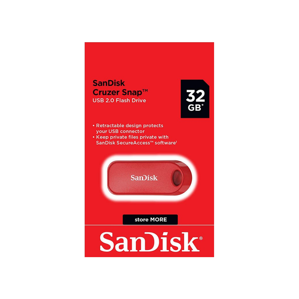 A large main feature product image of SanDisk Cruzer Snap 32GB USB2.0 Flash Drive Red