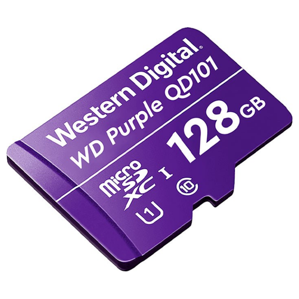 A large main feature product image of WD Purple Surveillance microSD Card - 128GB
