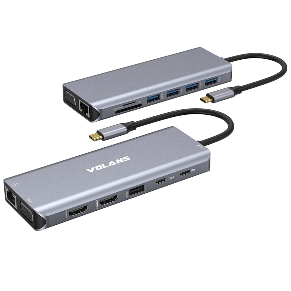 A large main feature product image of Volans Aluminium 14-in-1 Triple Display Multifunctional USB-C Hub