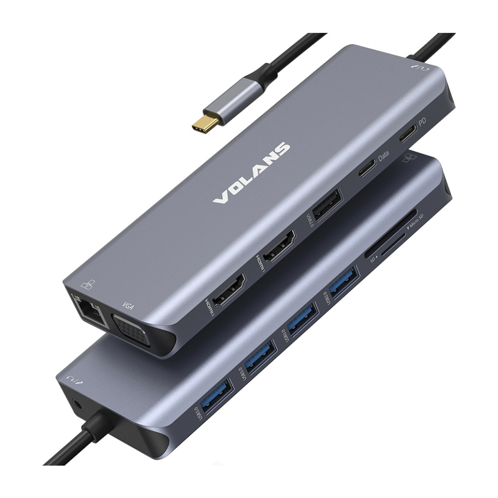 A large main feature product image of Volans Aluminium 14-in-1 Triple Display Multifunctional USB-C Hub