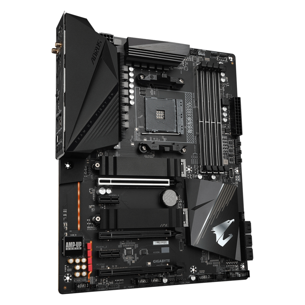 A large main feature product image of Gigabyte B550 Aorus Pro AX AM4 ATX Desktop Motherboard