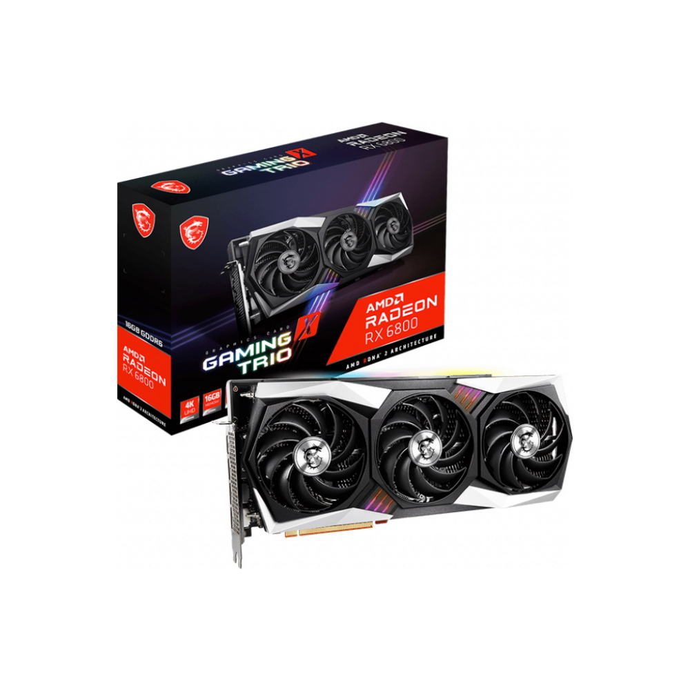 A large main feature product image of MSI Radeon RX 6800 Gaming X Trio 16GB GDDR6