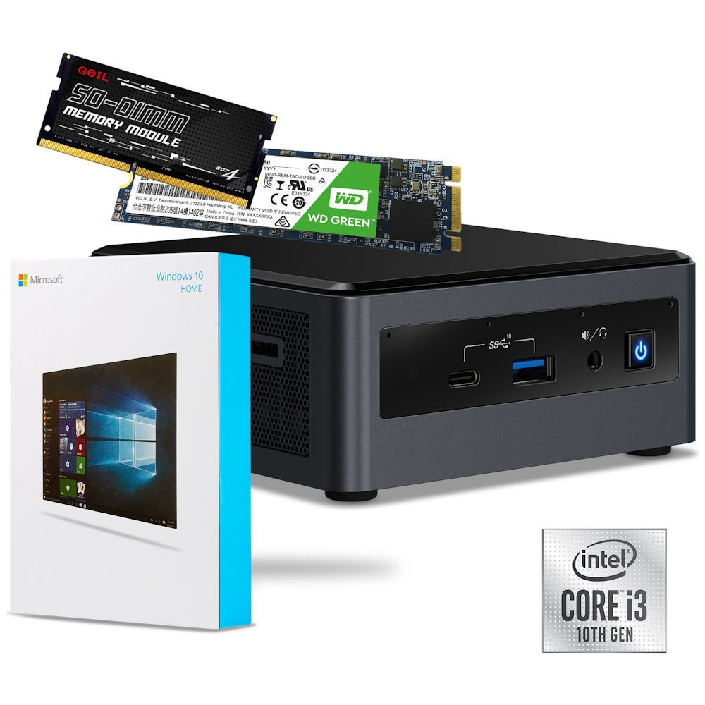 A large main feature product image of Intel 10th Gen i3 NUC DIY Starter Bundle