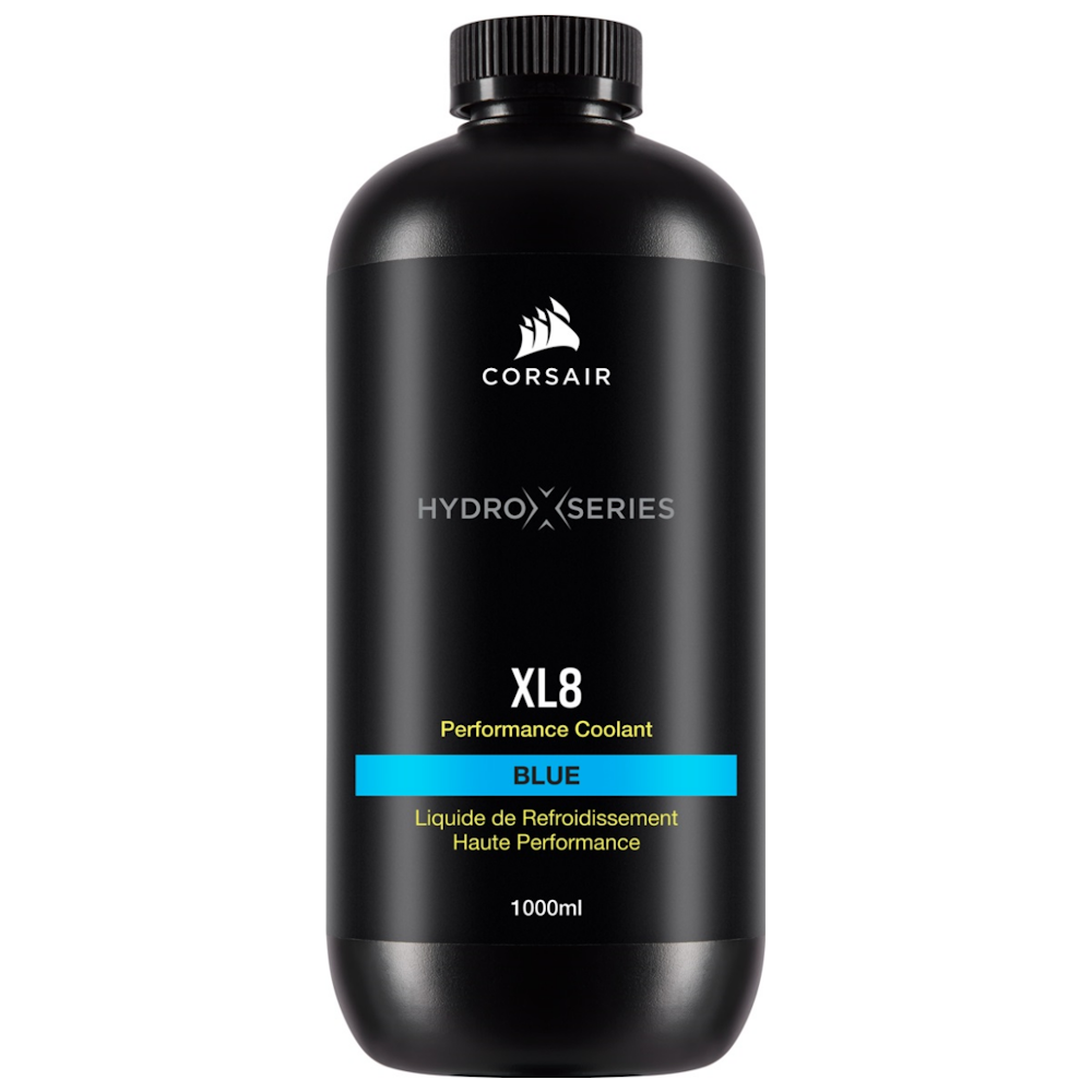 A large main feature product image of Corsair Hydro X Series XL8 Performance Coolant 1L —  Blue