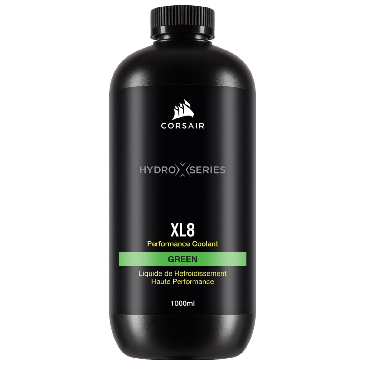 A large main feature product image of Corsair Hydro X Series XL8 Performance Coolant 1L - Green