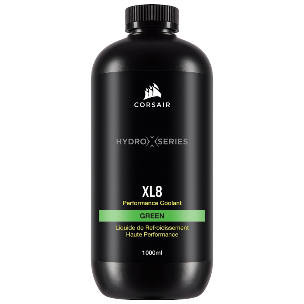 A large main feature product image of Corsair Hydro X Series XL8 Performance Coolant 1L — Green
