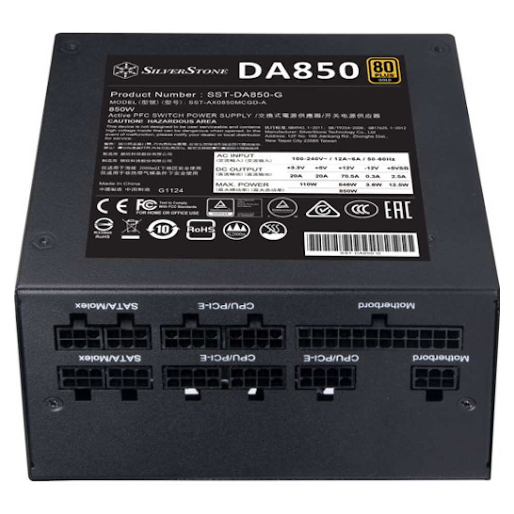 A large main feature product image of SilverStone DA850-G 850W Gold ATX Modular PSU