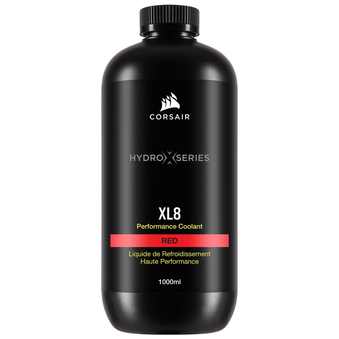 A large main feature product image of Corsair Hydro X Series XL8 Performance Coolant 1L - Red