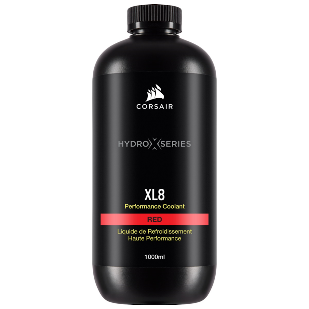 A large main feature product image of Corsair Hydro X Series XL8 Performance Coolant 1L — Red