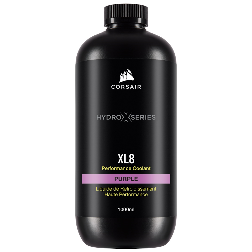 A large main feature product image of Corsair Hydro X Series XL8 Performance Coolant 1L — Purple