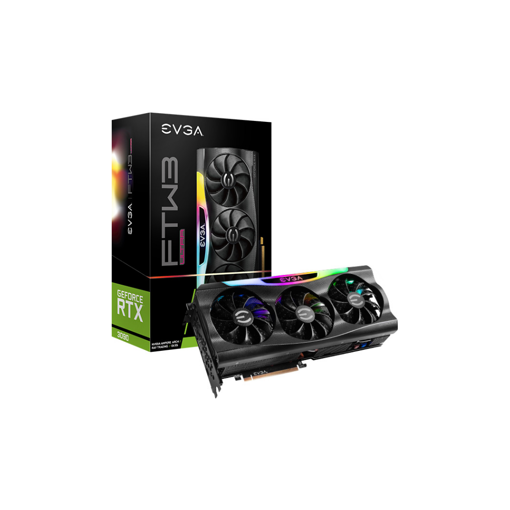 A large main feature product image of EVGA GeForce RTX 3090 FTW3 Ultra 24GB GDDR6X