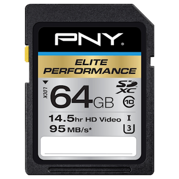 Product image of PNY 64GB Elite-X Class 10 U3 SD Flash Card - Click for product page of PNY 64GB Elite-X Class 10 U3 SD Flash Card