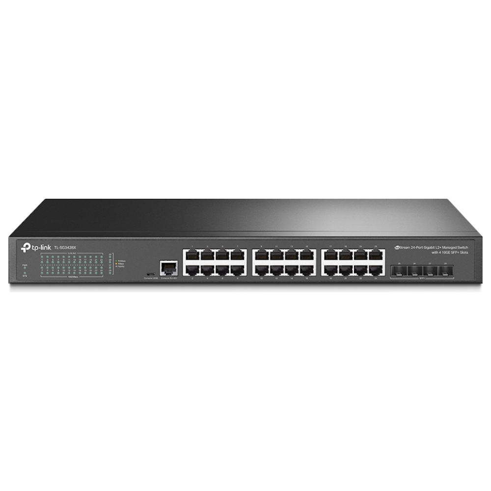 A large main feature product image of TP-Link JetStream SG3428X - 24-Port Gigabit L2+ Managed Switch with 4 10GE SFP+ Slots