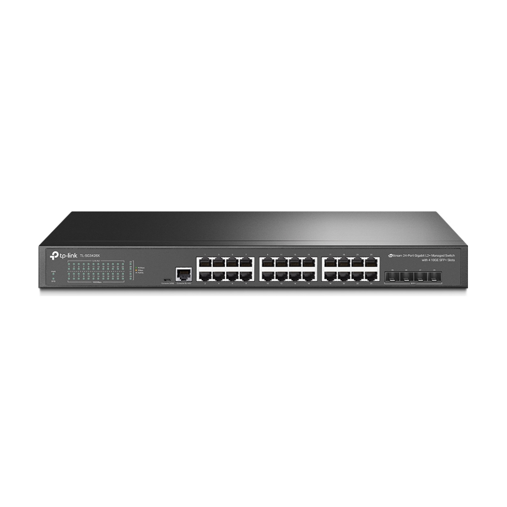 A large main feature product image of TP-Link JetStream SG3428X - 24-Port Gigabit L2+ Managed Switch with 4 10GE SFP+ Slots