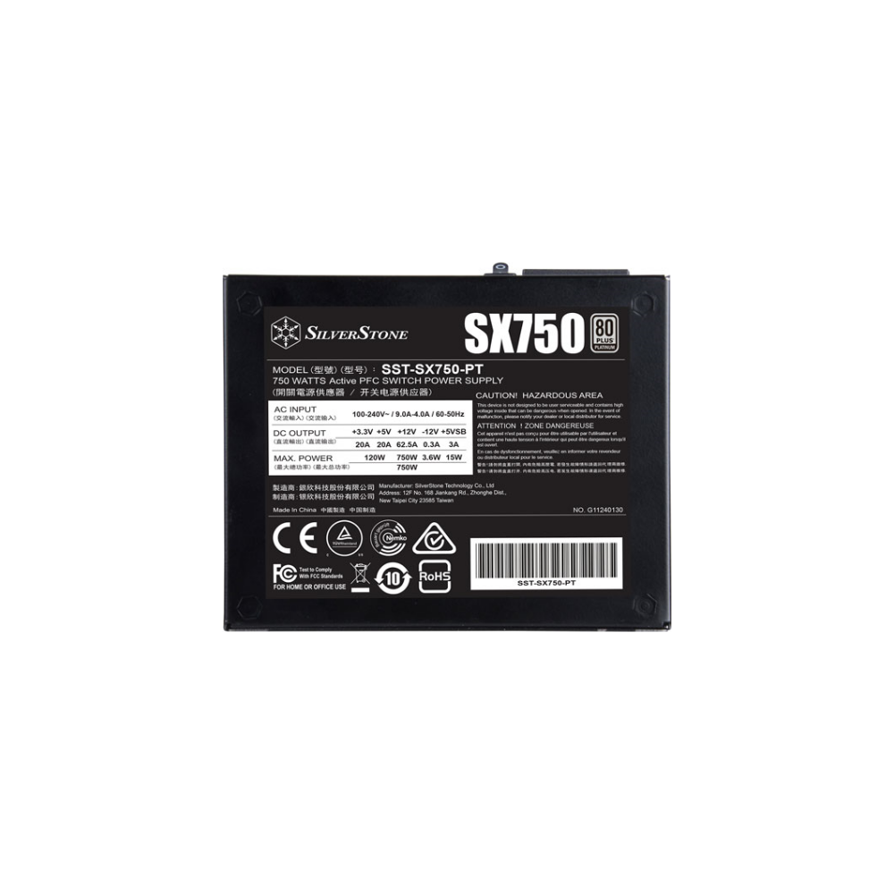 A large main feature product image of SilverStone SX750 750W Platinum SFX Modular PSU