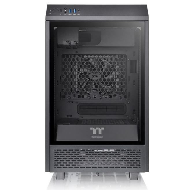 A large main feature product image of Thermaltake Tower 100 Mini ITX Chassis Black