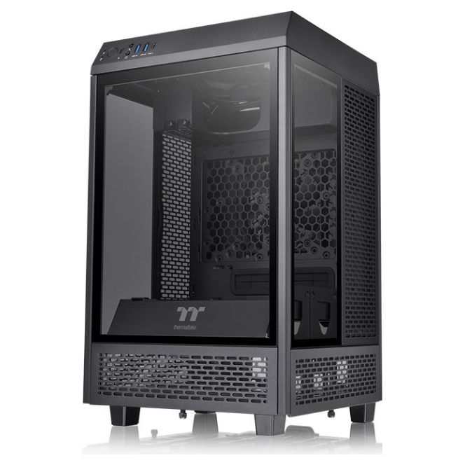 A large main feature product image of Thermaltake Tower 100 Mini ITX Chassis Black
