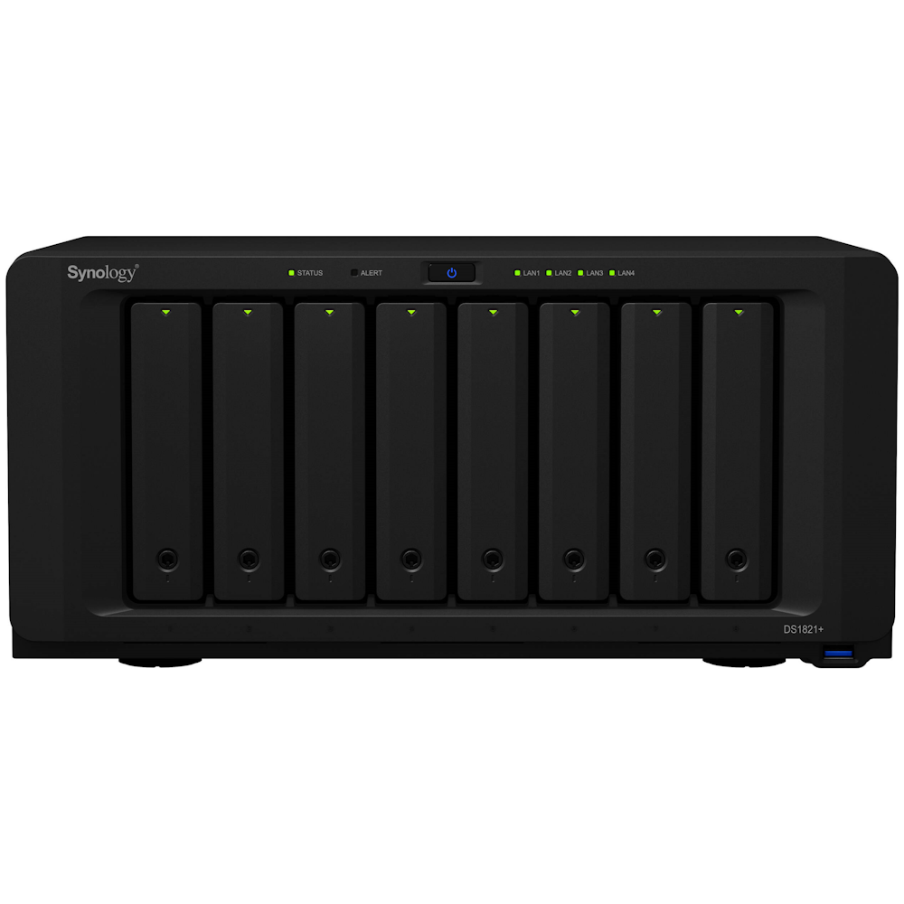 A large main feature product image of Synology DiskStation DS1821+ AMD Ryzen Quad Core 8 Bay NAS Enclosure