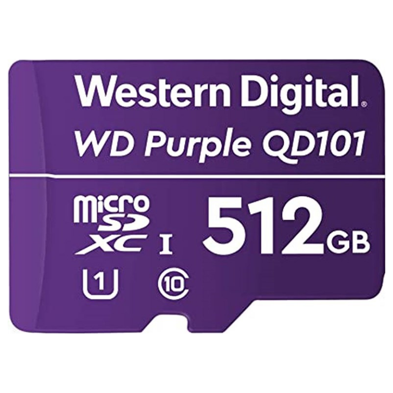 A large main feature product image of WD Purple Surveillance 512GB microSDXC U1 UHS-I microSD Card
