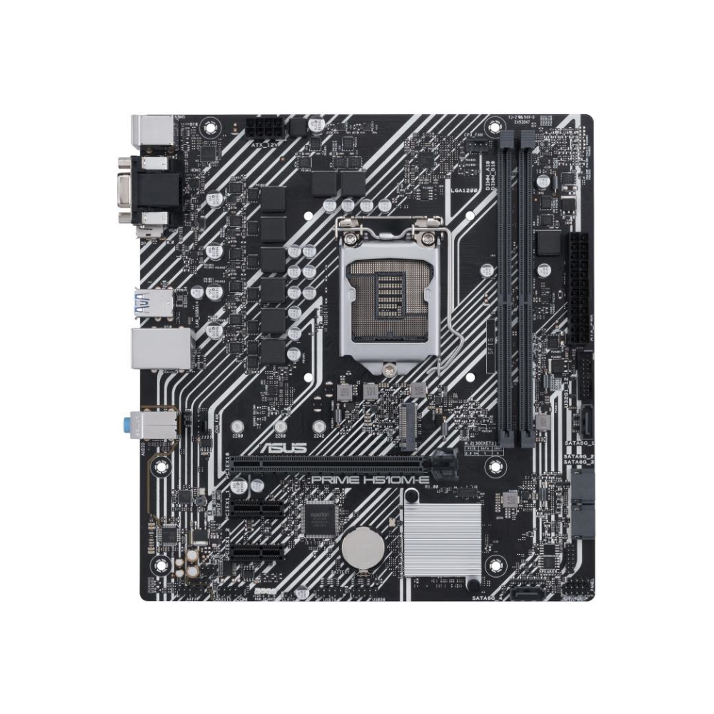 A large main feature product image of ASUS PRIME H510M-E LGA1200 mATX Desktop Motherboard