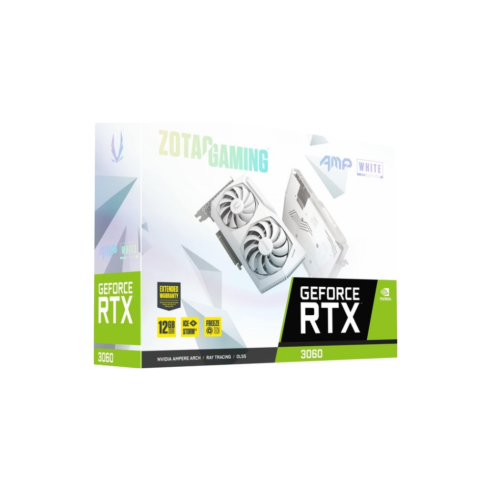 A large main feature product image of ZOTAC GAMING GeForce RTX 3060 AMP White Edition 12GB GDDR6
