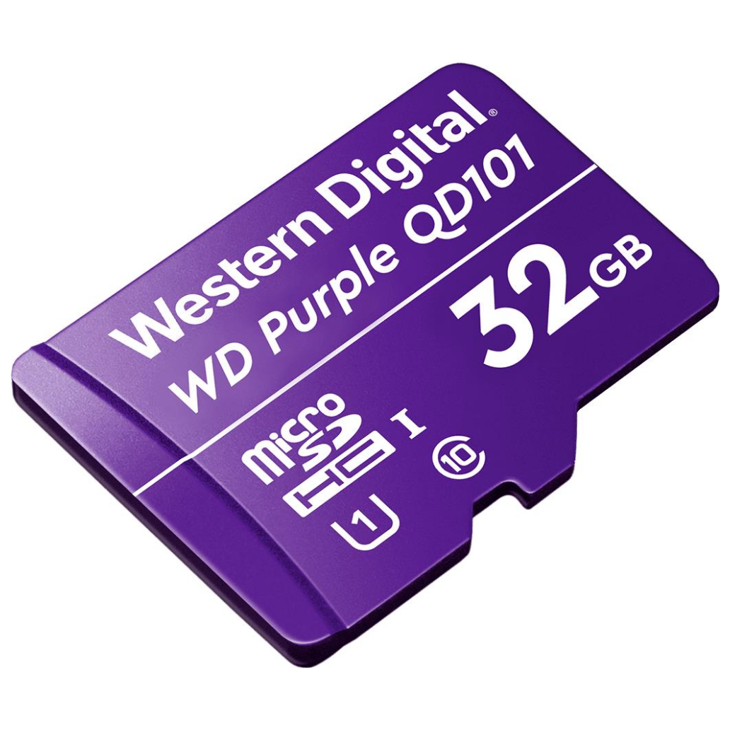 A large main feature product image of WD Purple Surveillance 32GB microSDHC U1 UHS-I microSD Card