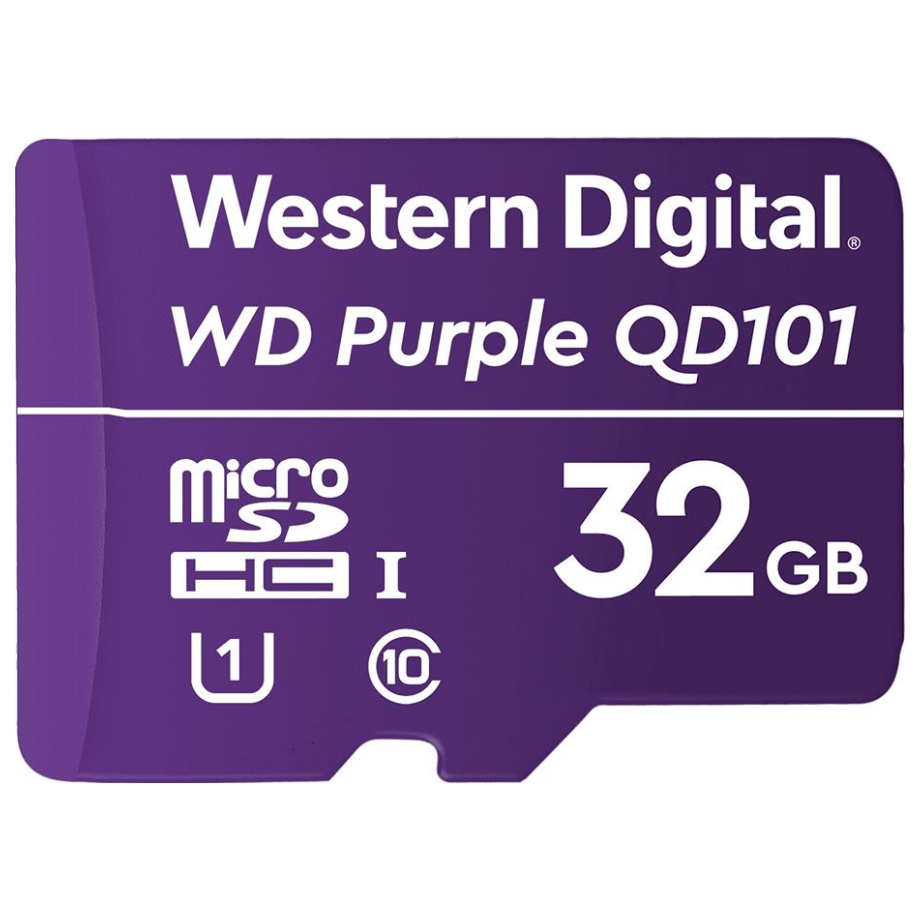 A large main feature product image of WD Purple Surveillance 32GB microSDHC U1 UHS-I microSD Card
