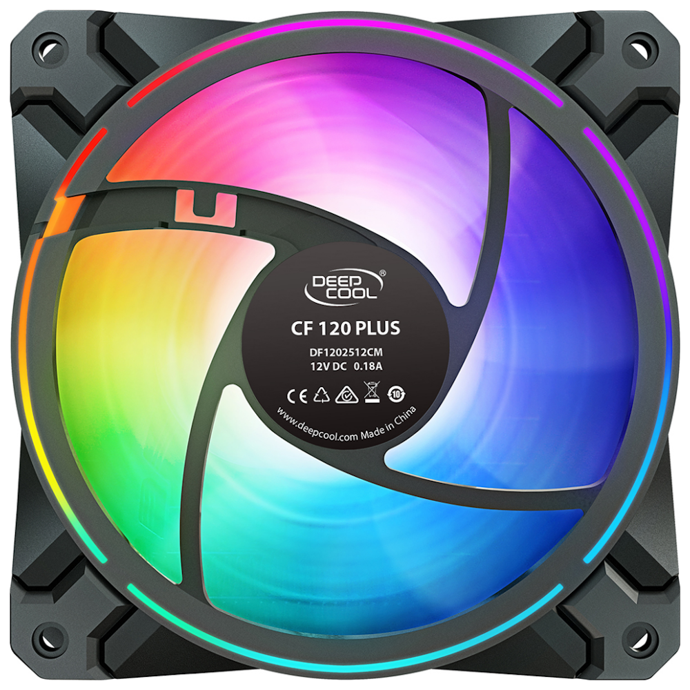 A large main feature product image of DeepCool CF120 Plus A-RGB 120mm Fans - 3 Pack