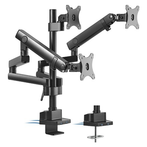 A large main feature product image of Brateck Triple Monitor Aluminium Slim Pole Held Mechanical Spring Monitor Arm