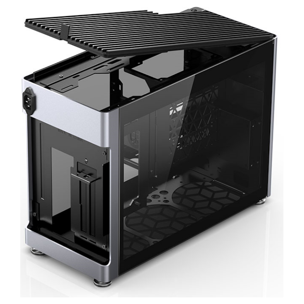 A large main feature product image of Jonsplus Pure i100 Pro Silver mITX Case w/Tempered Glass Side Panel