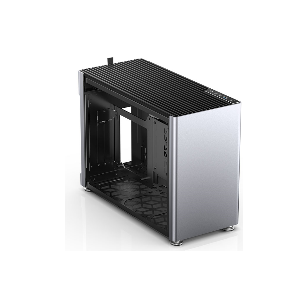 A large main feature product image of Jonsplus Pure i100 Pro Silver mITX Case w/Tempered Glass Side Panel