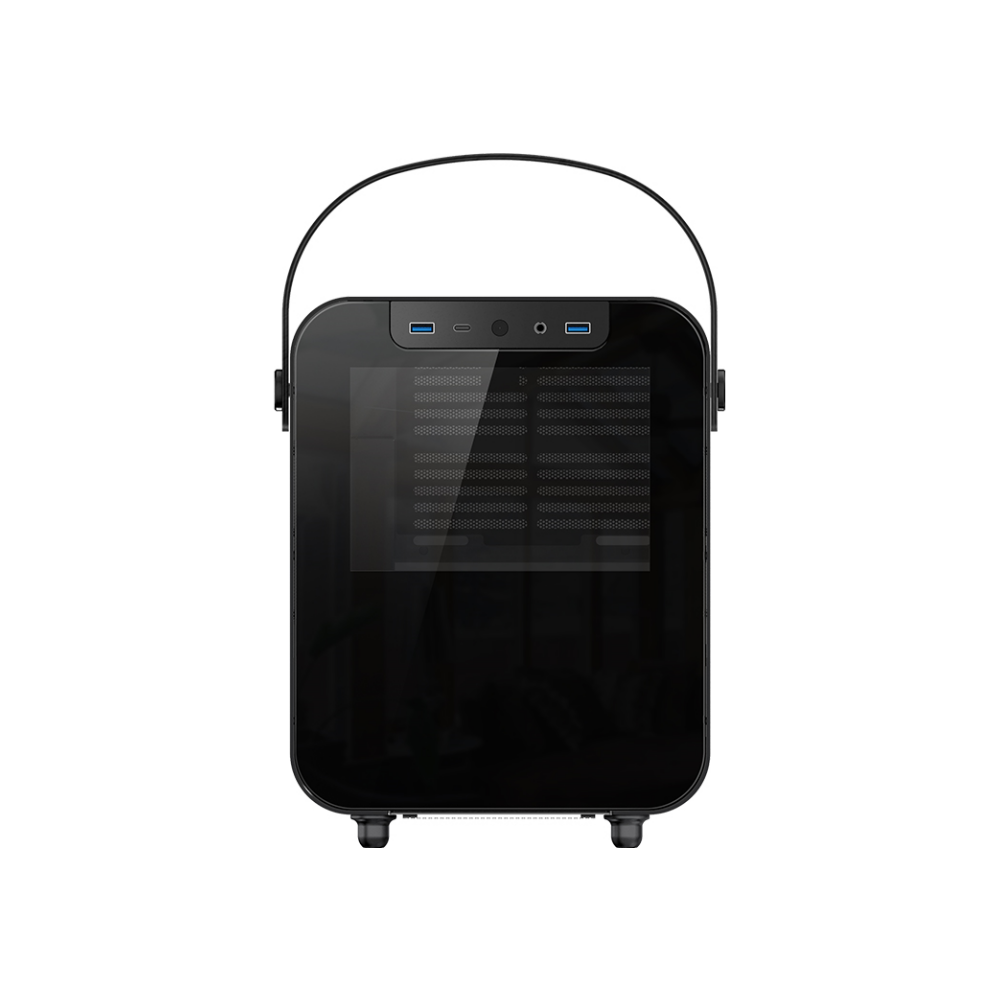 A large main feature product image of Jonsplus Pure BO 100 Black mITX Case w/Tempered Glass Window