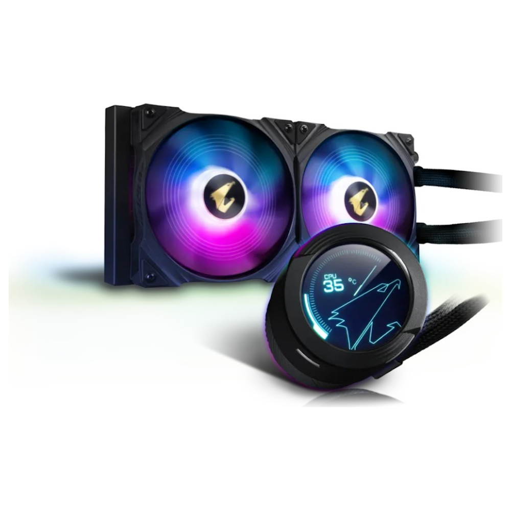 A large main feature product image of Gigabyte AORUS WATERFORCE X 280 RGB AIO Liquid Cooler 280mm