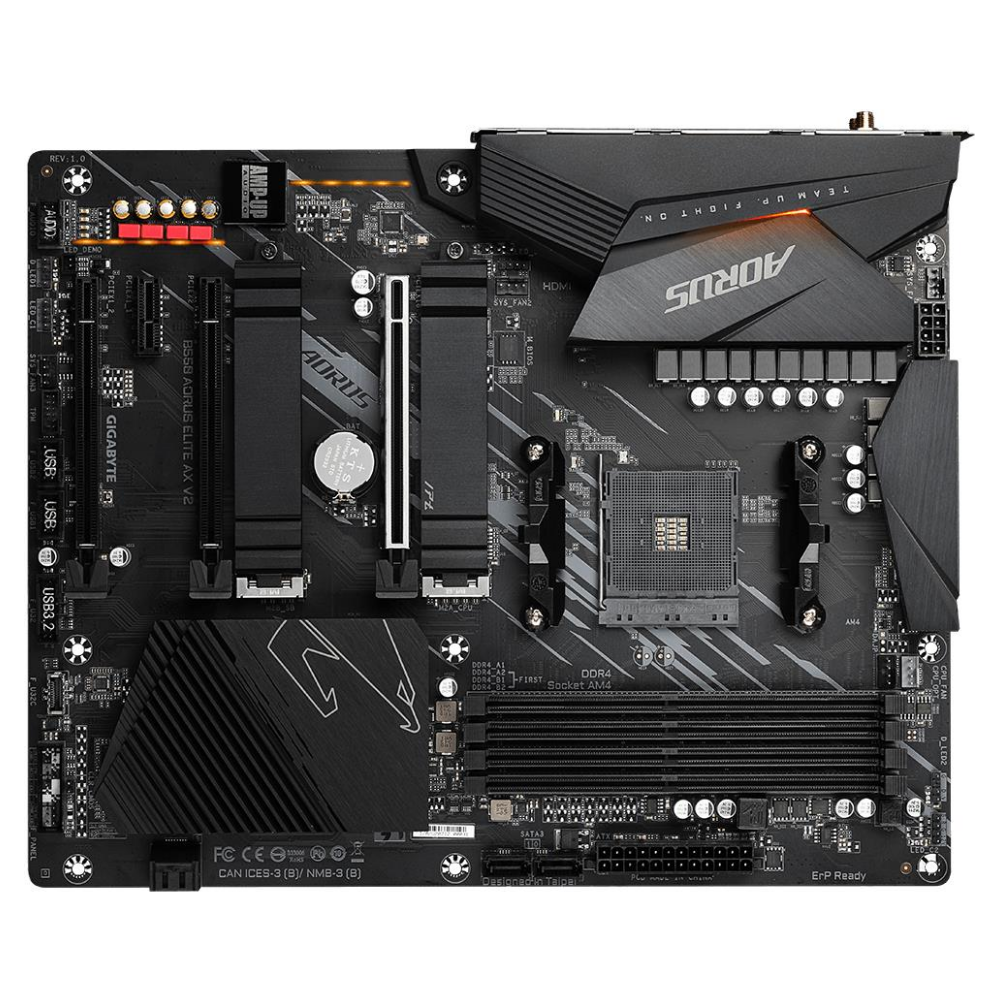 A large main feature product image of Gigabyte B550 Aorus Elite AX V2 AM4 ATX Desktop Motherboard