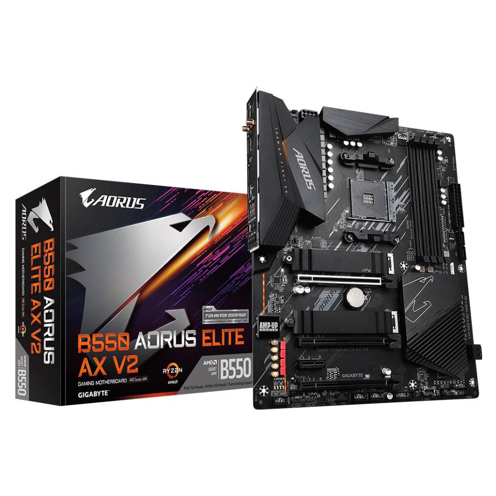 A large main feature product image of Gigabyte B550 Aorus Elite AX V2 AM4 ATX Desktop Motherboard