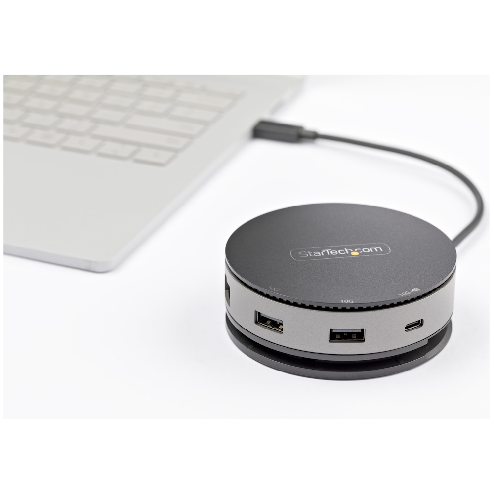 A large main feature product image of Startech USB-C 10Gbps Mini Dock 4K60Hz HDMI / DisplayPort / 1080p VGA