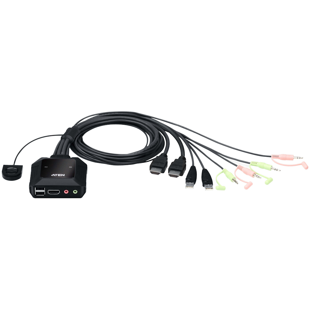 A large main feature product image of ATEN 2-Port USB 4K HDMI Cable KVM Switch with Remote Port Selector