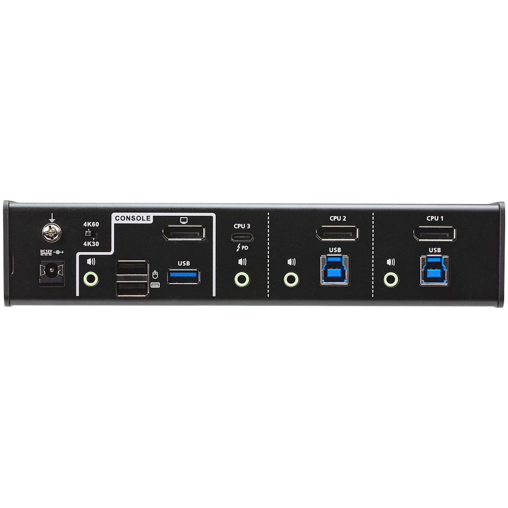 A large main feature product image of ATEN 3-Port USB-C DisplayPort Hybrid KVMP Switch