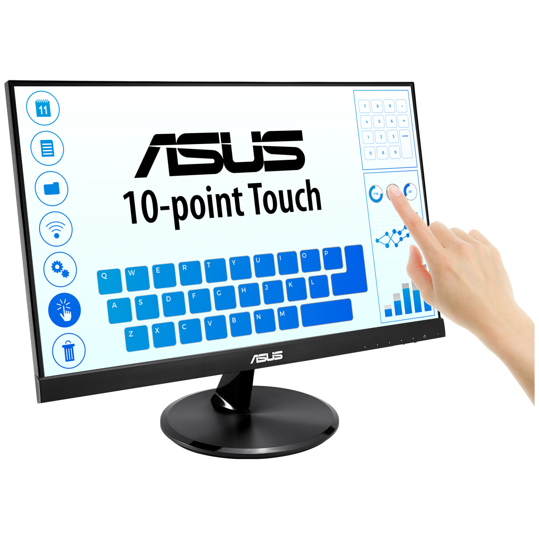 A large main feature product image of ASUS Eye Care VT229H 21.5" 1080p 60Hz IPS Touch Monitor