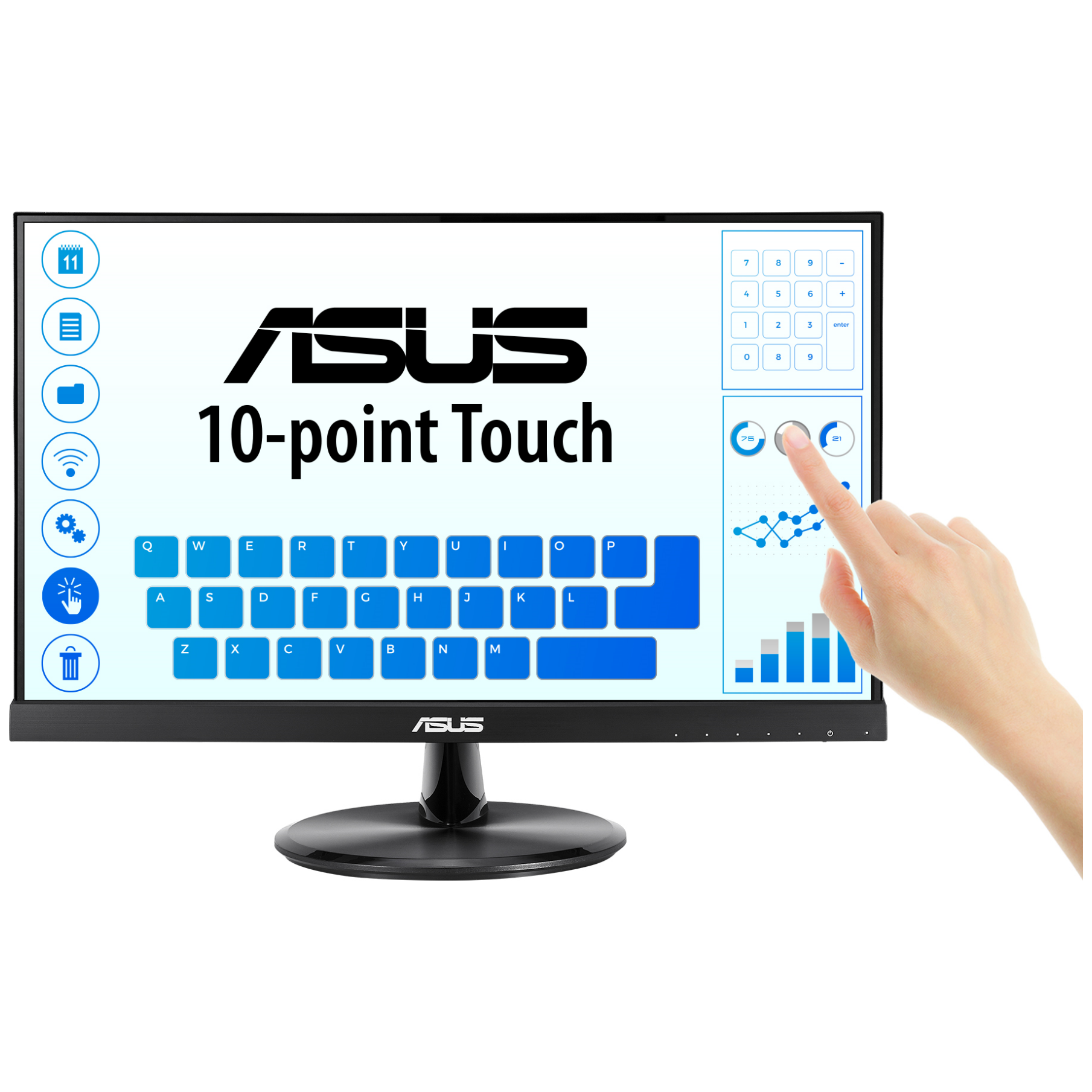 A large main feature product image of ASUS Eye Care VT229H 21.5" 1080p 60Hz IPS Touch Monitor